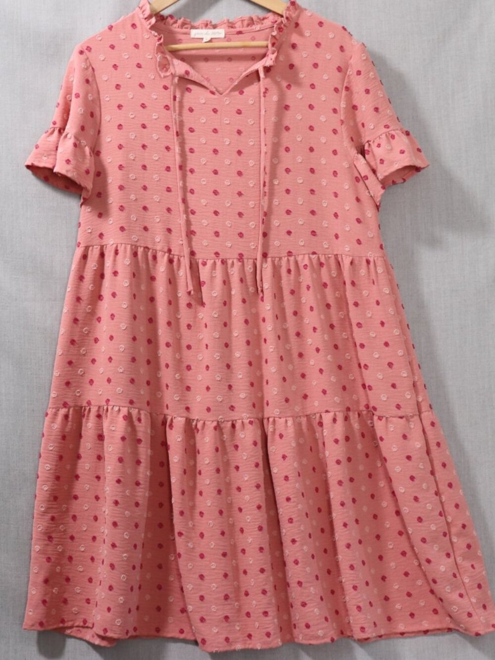 Joie De Vivre Rose Textured Polka Dot Ruffle Tiered Dress XL Boho Cottagecore